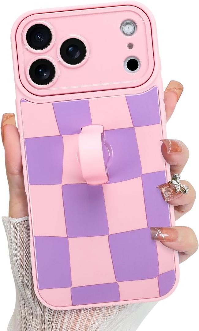 KANGHAR Compatible with iPhone 17 Pro Case 2025, Silicone Checkered Cute Pattern, Wristband Kickstand Camera Protection Soft Slim Cover for Girls Women -Pink Purple