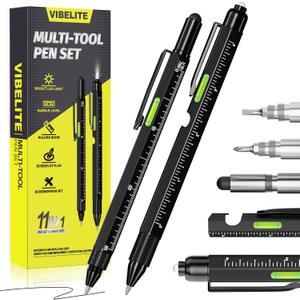 VIBELITE 11 in 1 Multitool Pen Set with LED, Stylus, Level, Screwdriver, Flathead, Valentines Day Gifts for Him, Men, Teen Boys, Husband, Women, Mens Gifts from Daughter, Wife, Son, Black, 2 Pack