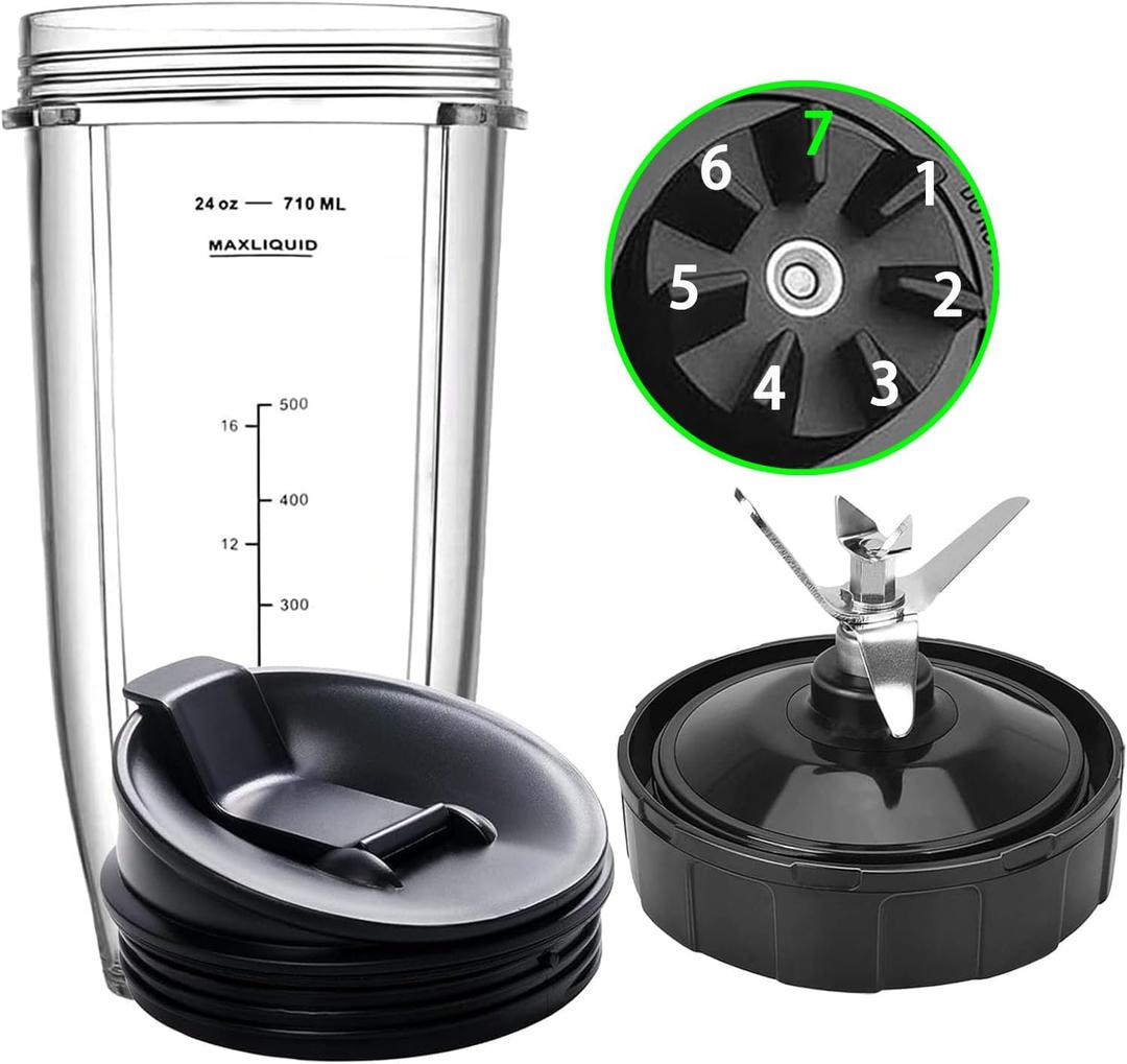Blender Replacement Parts for Ninja, 24oz Ninja Blender Cup with To-Go Lid, 7 Fins Ninja Blender Blade Fit Ninja BL480_30 BL642 BN401 BN751 BN801 BL640-30 NN100-30 CT680 NN100A NN101 NN102 BL2012