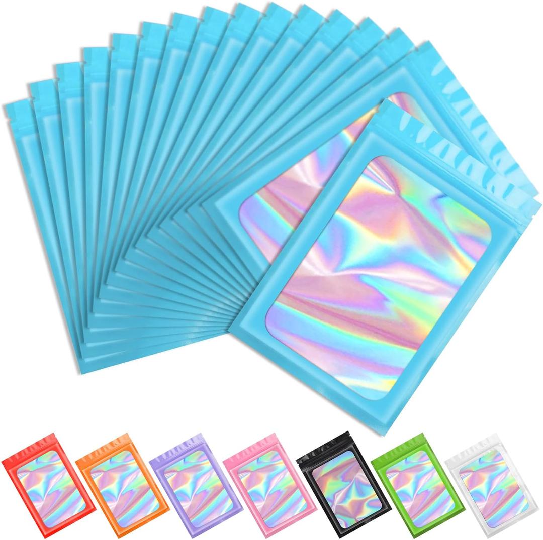 Funfery 100 pcs Blue Holographic Mylar Packaging Bags,Clear Seal Resealable Bags Foil Pouch Zipper Bag for Food Storage,Lipgloss,Jewelry,Eyelash Packaging for Small Business(2.4x3.9In)