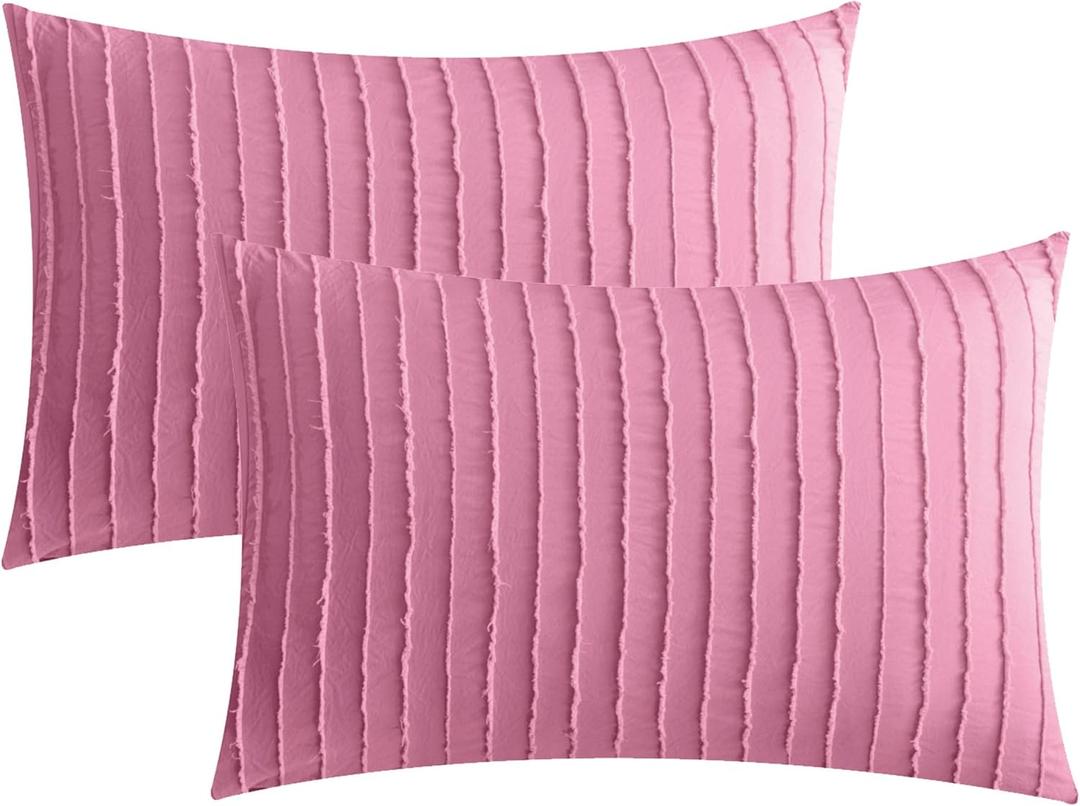 JELLYMONI Pillowcases Standard Size Bright Pink 2 Pack Boho Striped Bed Pillow Covers 20x26in Microfiber Envelope Pillow Shams Tufted Bohemian Textured (Pillows are not Included)