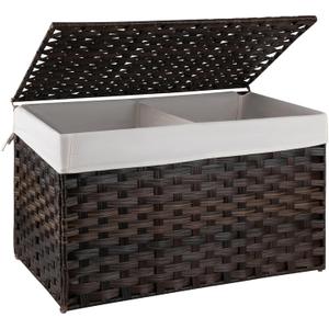 OIAHOMY Storage Basket with Lid, 27.7 Gallon (105L) Blanket Basket with Removable Liner Bag, Synthetic Wicker Hamper with Handle, Large Hamper for Bedroom, Brown