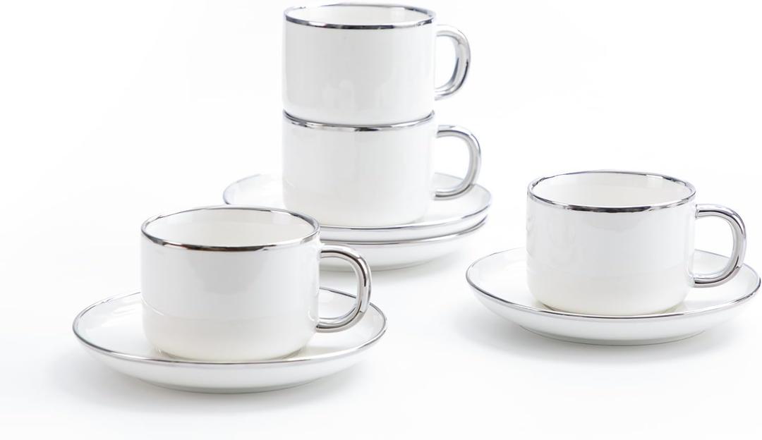 Tea Cups and Saucers with Silver Trim, 6.76 Ounce White Porcelain Tea Set & Coffee Cups for Latte, Cafe Mocha - Set of 4, Porcelain Mugs for Kitchen or Cafe (White and Silver) Tea Cups and Saucers with Silver Trim, 6.76 Ounce White Porcelain Tea Set & Coffee Cups for Latte, Cafe Mocha - Set of 4, Porcelain Mugs for Kitchen or Cafe (White and Silver)