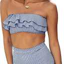 Saodimallsu Women High Waisted 2 Piece Bikini Set Bandeau Ruffle Swimsuit Top Striped Bathing Suits, Blue,  Size -L