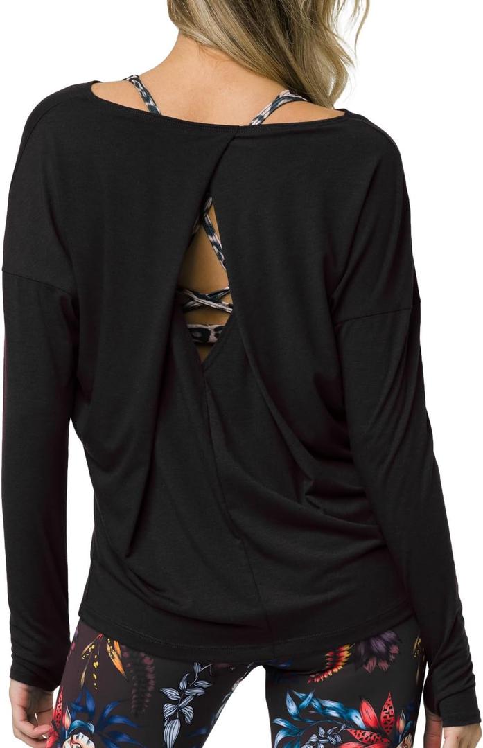 Sanutch Diamond Shape Long Sleeve Open Back Workout Top - Luxury Workout Shirt for Women, Stylish Gym & Yoga Wear (Medium, #1 Black)