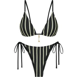 ZAFUL Crochet Bikini Sets for Women Cheeky Two Piece Bathing Suits Striped Brazilian High Cut Knit Swimsuit Tie for Vacation (Medium, A-Black)