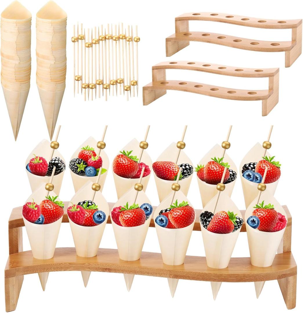 Queekay 100 Disposable Wood Cones for Food with 2 Pcs 12 Holes Charcuterie Cones Holder Stand Ice Cream Cone Display Stand 100 Fancy Toothpicks for Appetizers Catered Events Wedding Buffets Parties