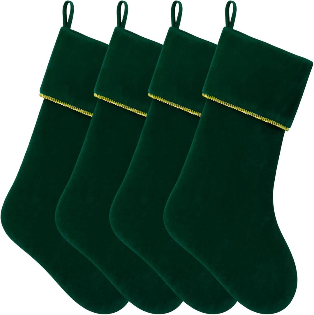 Ganeen 4 Pcs 18 Inch Velvet Christmas Stockings Plush Christmas Stockings Set for Fireplace Mantel, Xmas Tree Hanging Ornaments for Home Festive Decorations(Dark Green)