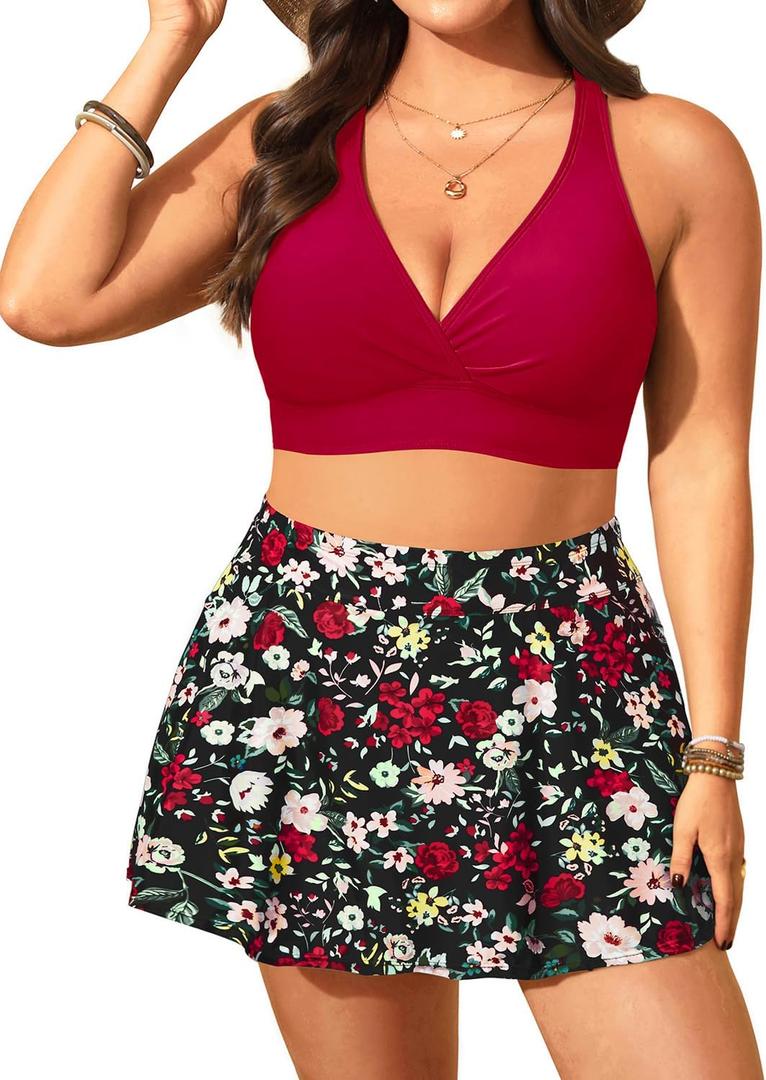 Women's Plus Size High Waisted Bikini - Two Piece Swimsuit with Skirt 2025 Tummy Control Bathing Suit with Pocket (Red and Floral) 18W