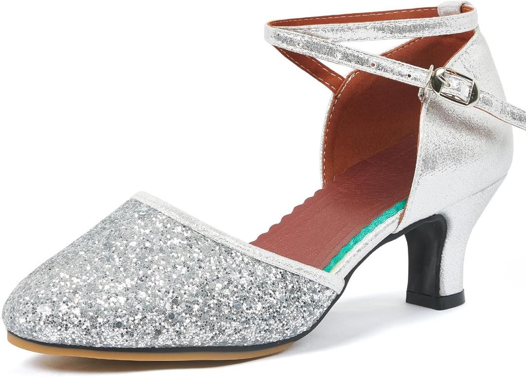 iCKER Womens Latin Dance Shoes Heeled Ballroom Salsa Tango Party Sequin Dance Shoes (7, Silver-rubber Sole)