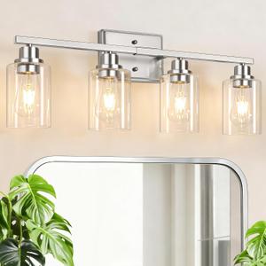 Unicozin 4-Light Bathroom Light Fixtures, Modern Vanity Lights with Clear Glass Shades, Brushed Nickel Bathroom Wall Lamp for Mirror Living Room Cabinet Bedroom
