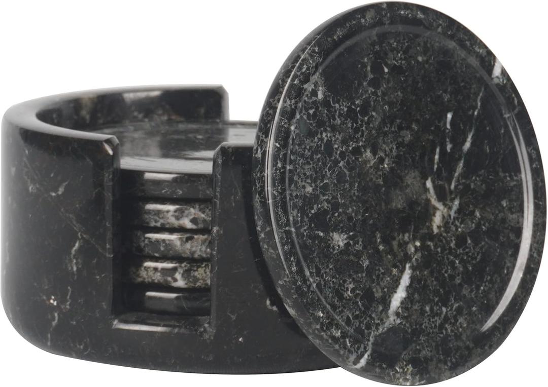 Radicaln Marble Coaster Set Round 3.5" Inches Black Handmade Elegant Coasters Set of 6 with Holder for Drinks, Ideal for Round Table and Farmhouse Dcor, Drink Coasters