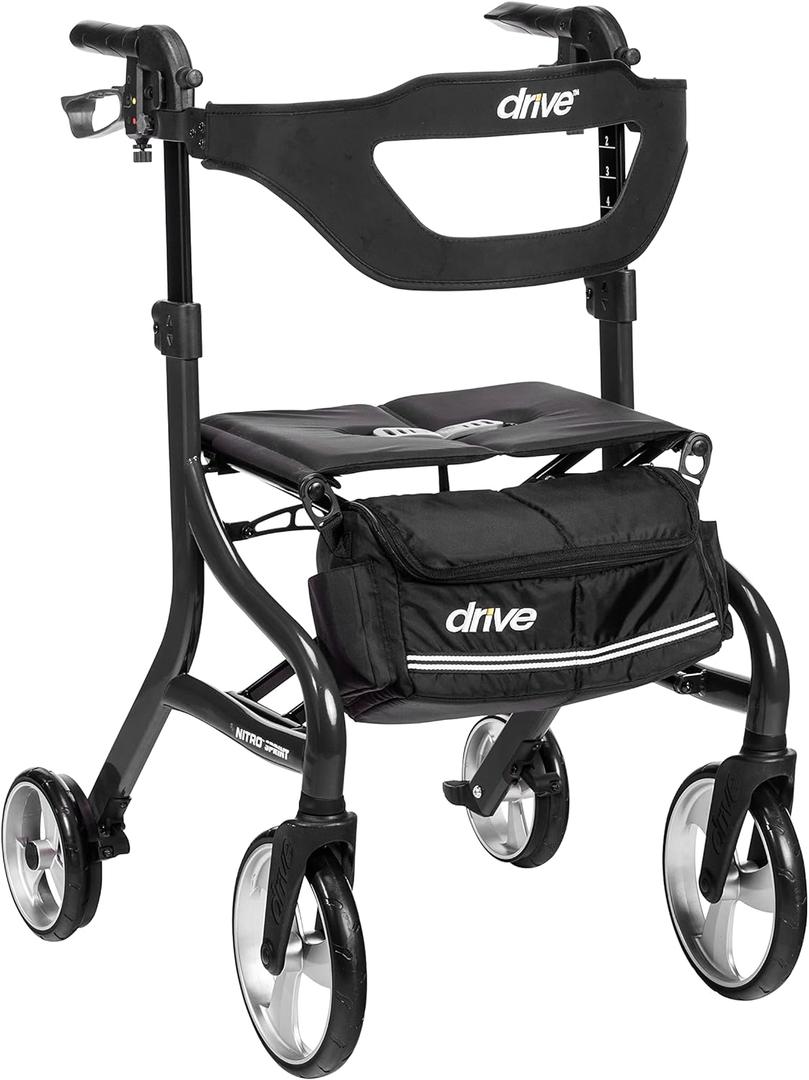 Drive Medical Nitro Sprint Foldable Rollator Walker with Seat - Lightweight Support - Large Wheels - Compact Folding Design - Adjustable Comfort - Tall Size - Black