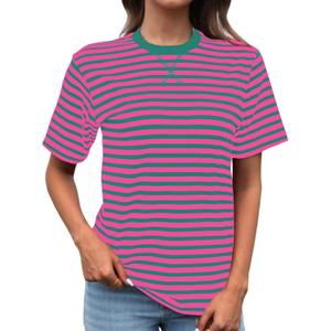 Dwnval Women's Fashion Stripe Crew Neck Short Sleeve Shirts Basic Womens Loose Fit Tops 2025 Spring Summer Going Out Top (Pink, Green, S9)