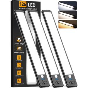 Under Cabinet Lighting Wireless, 15inch Rechargeable Motion Sensor Light Indoor, 3 Color Closet Light Battery Operated with LED Power Display, Magnetic Under Counter Lights for Kitchen (3Pack-Black)
