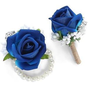 Floroom Royal Blue Rose Wrist Corsage Wristlet Band Bracelet and Men Boutonniere Set for Wedding Flower Accessories Prom Suit Decorations