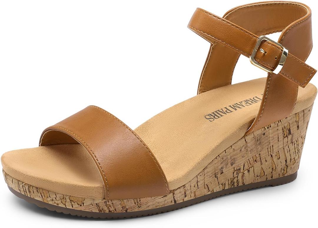 DREAM PAIRS Women's Open Toe Buckle Ankle Strap Platform Wedge Sandals Women 2025 (8, Camel/Pu)