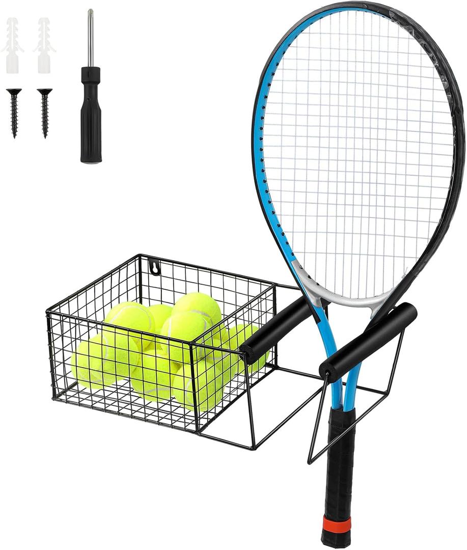 Zonon Hanging Metal Tennis Racquet and Ball Storage Basket Wall Mounted Table Tennis Paddle Badminton Racket Holder Balls Equipment Organizer Rack with Hardware, 15.5 x 8.5 x 5 Inch, Black