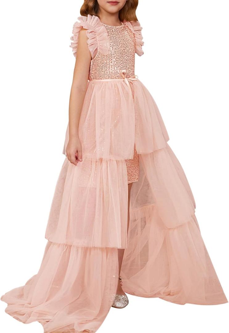 GRACE KARIN Girls Sequin Dress Formal Pageant Sparkle Party Ruffle Prom Maxi Dress Size 5-14Y (8-10 Years, Light Pink)