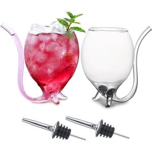 INFTYLE Vampire Wine Glass Set of 2 Cocktail Glass 12oz with Drinking Tube Straw Creative Glass Decanter Cups Mugs for Wine Champagne Juice Home Bar Party Club Glassware Barware Tool (Clear)