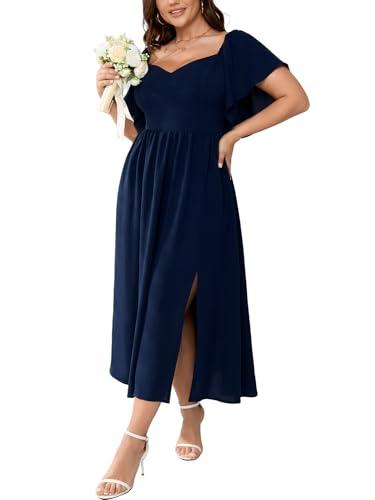 SCOMCHIC Women Plus Size Dresses Short Sleeve Sweetheart Neckline Wedding Guest Cocktail Smocked A Line Slit Maxi Dress Navy Blue 1XL