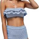 Saodimallsu Women High Waisted 2 Piece Bikini Set Bandeau Ruffle Swimsuit Top Striped Bathing Suits, Blue,  Size -L