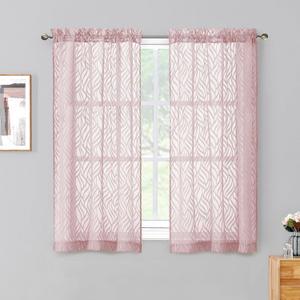 Chyhomenyc Marilyn Blush Pink Sheer Curtains 38x45 Inch Length 2 Panels for Bedroom, Light Filtering Soft Breathable 3D Leaf Clip Jacquard Textured Short Drapes for Living Room Window, 38Wx45L Inches