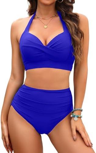 Tempt Me Women Two Piece Swimsuit High Waisted Bikini Halter Vintage Retro Bathing Suit Push up Swimwear (Large, Royal Blue)