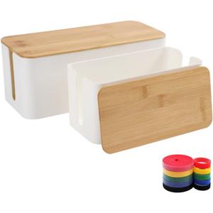 Cable Management Box Organizer, Set of 2 Bamboo Lid Large Storage Wire Holder to Conceal Hide Surge Protector, Power Strips Cord on Desk Floor, with 5 Cables Tape for Home Office Computer TV USB Hub (White)
