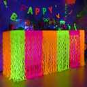Mega-L Glow in The Dark Party Supplies, 2 Pack Neon Party Decorations Fluorescent Macaron Orange, Yellow and Fuchsia Wavy Metallic Tinsel Foil Fringe Table Skirts, Perfect Table Decors Glow Decors