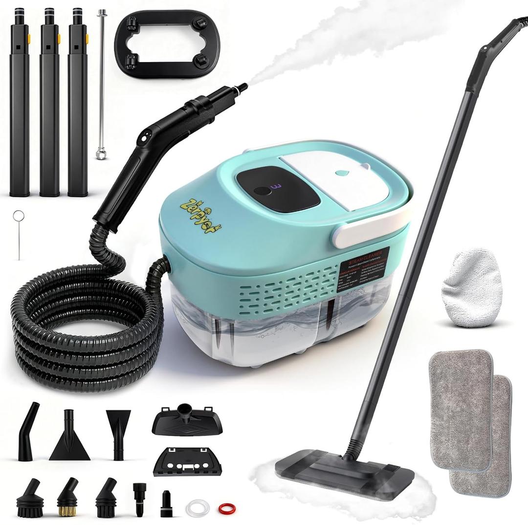 Steam Mop, 19 in 1 Detachable Steam Cleaner, 54OZ Tank, 10S Heat-up, Pressurized Deep Cleaning Steamer, 3-Level Temp & 221F for Floors, Carpets, Tiles, BBQ grill, Car, Window (MINT GREEN)