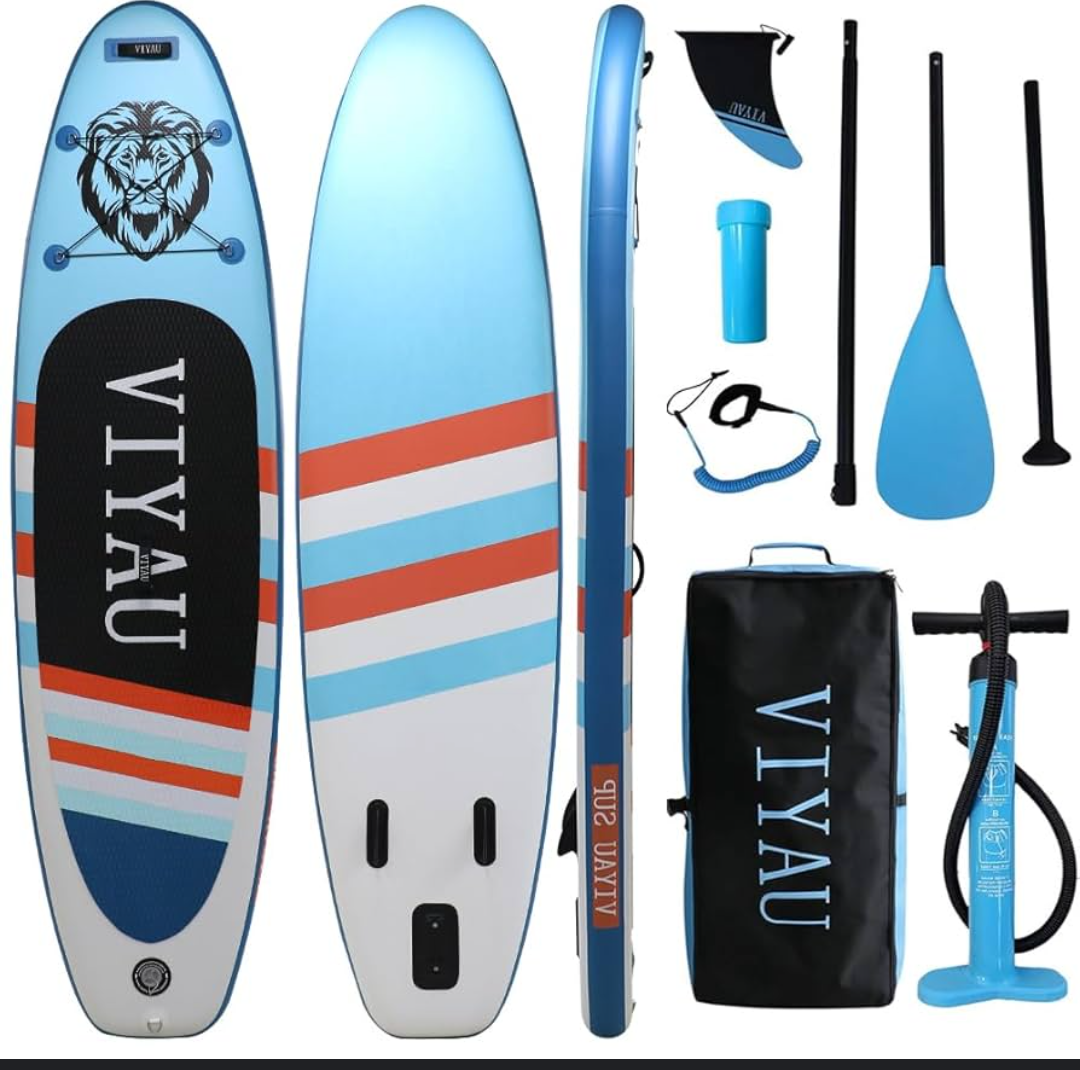 VIYAU Inflatable SUP Board, Stand Up Paddling Board Equipped with 3-Piece Adjustable Aluminum Paddle + Hand Pump, 320 × 81 × 15 cm