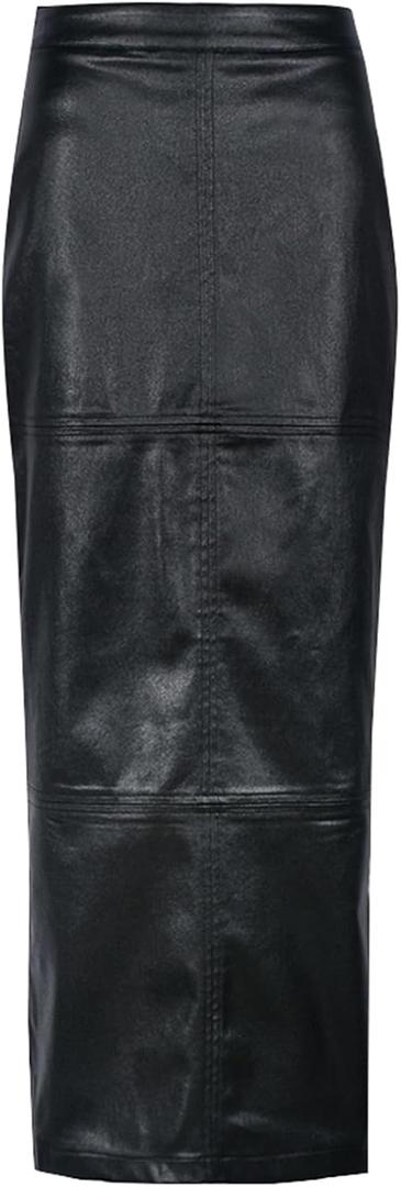 Long Skirts for Women Trendy High Waisted A Line Business Casual Leather Maxi Skirt with Slit Dressy (Black, XL)