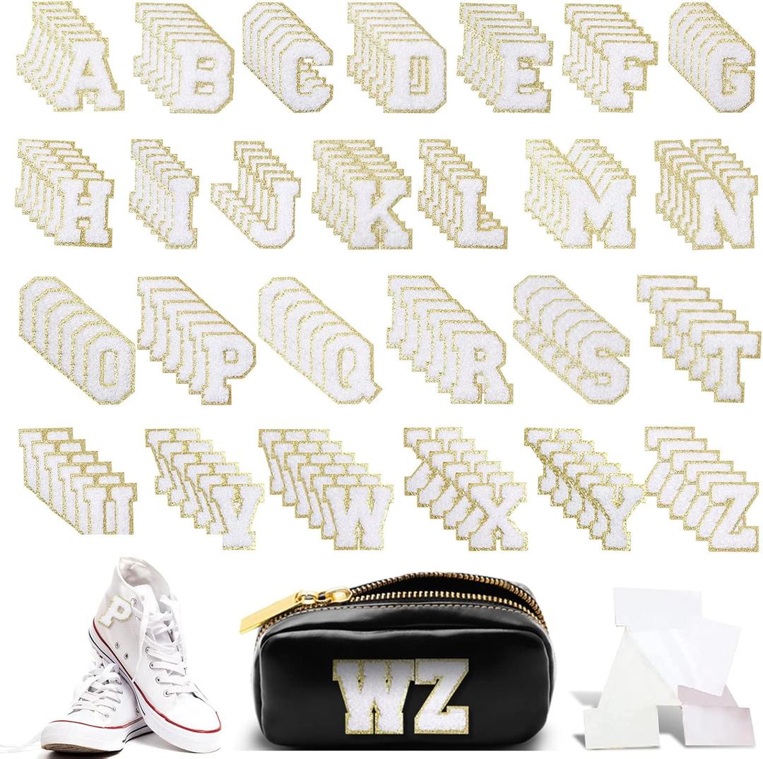156 Pieces Chenille Letter Patches Self Adhesive Letter Patches 6 Set A-Z Stony Clover Patches Preppy Patches Varsity Chenille Letters for DIY Phone Bags Backpacks Hats (White)