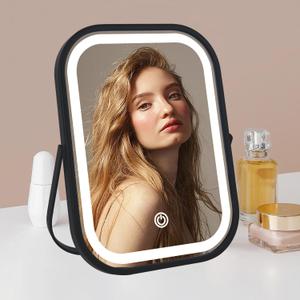Travel Mirror with Lights, Small LED Makeup Mirror with Lights,Portable Desk Mirror 1200mAh Battery,3 Color Modes,Dimmable Touch Screen, Tabletop Folding Compact Mirror,Women Gift (8"L x 6"W, Black)
