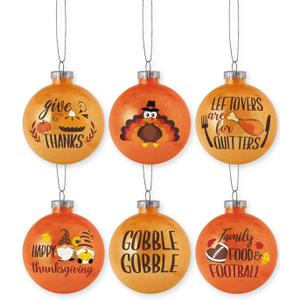 Thanksgiving Ball Ornaments Shatterproof 3inch Plastic Balls Set for Fall Party Supplies Harvest Hanging Decorations Pre-Strung Tree Ornaments Set of 6