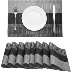 HeloHo Black Grey Stripe Placemats Set of 8, Heat-Resistant Washable Placemats Non-Slip Vinyl Woven Table Mats Wipeable Placemat for Kitchen Dining Table Decoration Indoor Outdoor