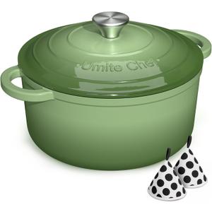 Umite Chef Enameled Cast Iron Dutch Oven-7QT Pot with Lid Cookbook & Cotton, Heavy-Duty Cookware for for Bread Baking, Braising, Stews, Marinate, Cook(Sage Green)
