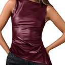 Faux Leather Tops for Women Asymmetrical Hem PU Ruched Fitted Cute Going Out Tank Shirts (Small, Red)