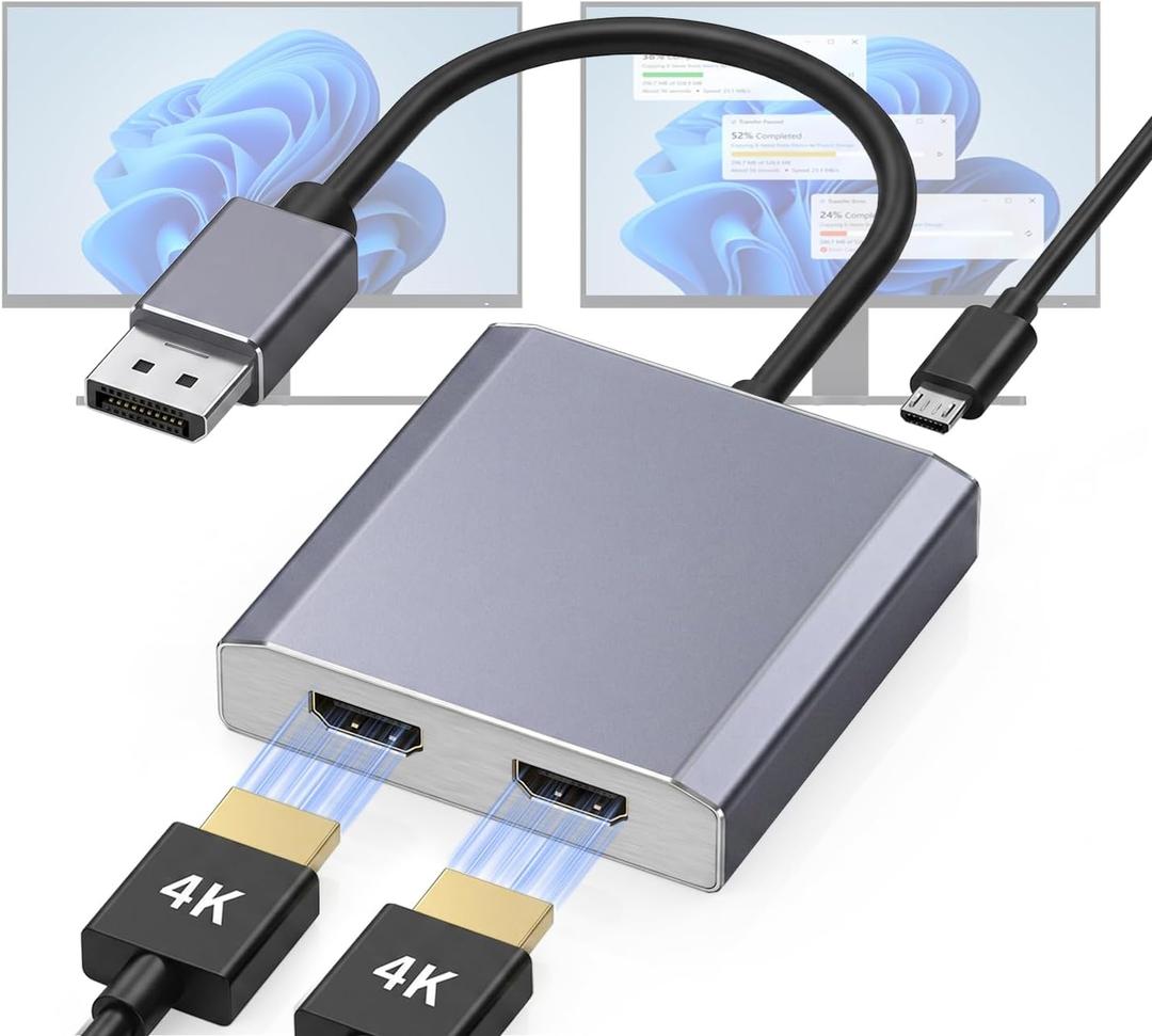 DisplayPort to Dual HDMI Adapter 1 in 2 Out, 4K@60Hz DP to HDMI Splitter for Dual Monitors, Extended Display MST Hub for Windows PC, NVIDIA/AMD Graphics Card [Mac OS Mirror Only]