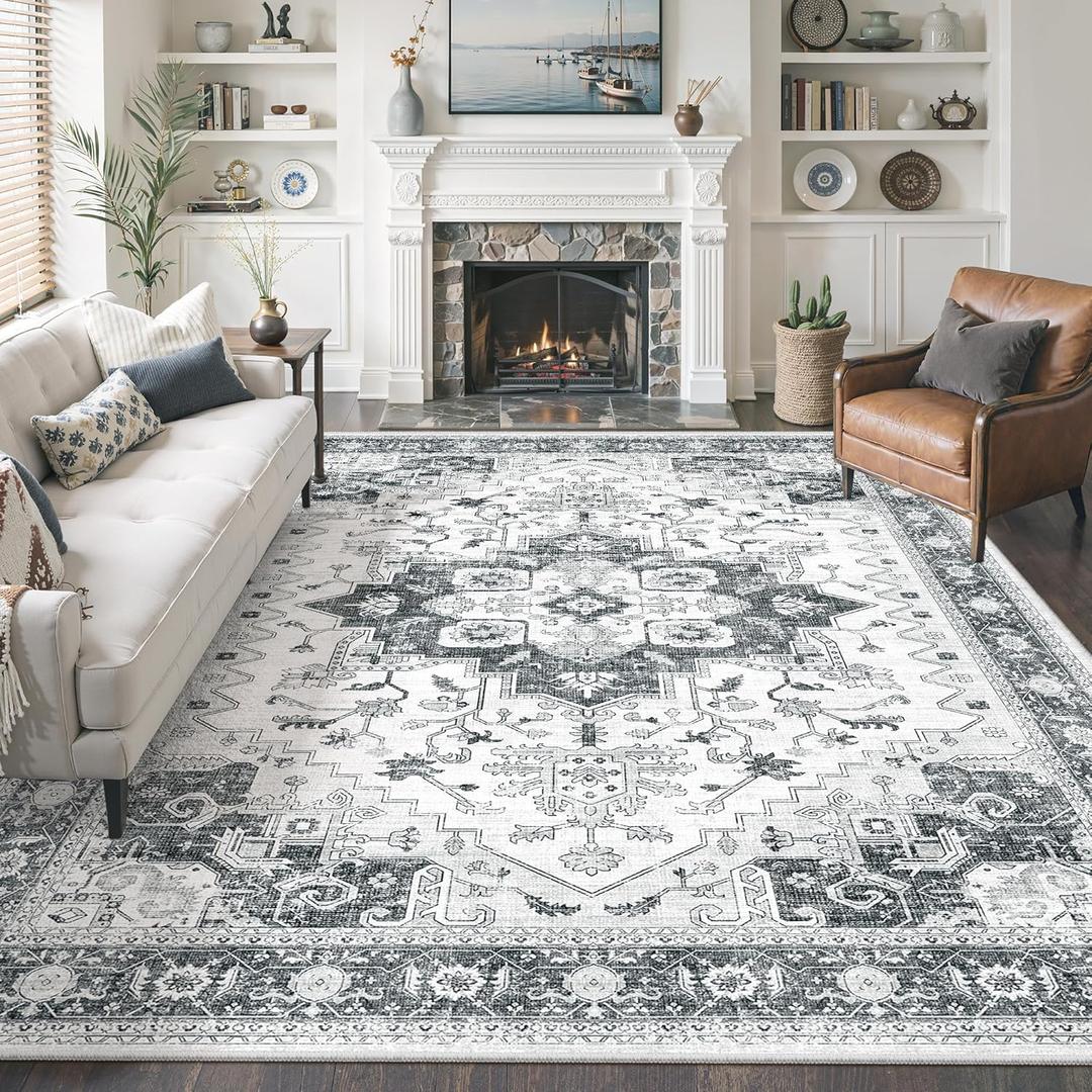 Washable Area Rug 8x10, Area Rugs Stain Resistant Neutral Washable Rugs for Living Rooms Bedroom Vintage Non-Slip Thin Large Size Area RugGrey