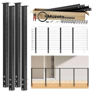 Muzata 12-16ft Side Mount Modular Cable Railing Kit for Decks 42 Inch RW23 | 4 Level Post Kit with Wire Rope & Cable Railing Hardware, No Handrail, Black Cable Railing System, Length Adjustable