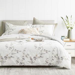 Vintage Botanical White Cotton Comforter King Size - Elegant Gray Flowers and Taupe Branches on White, Light Gray Striped Back, 3PC Lightweight Bedding Set with Ultra-Soft Alternative Fill (King(104"90"), Botanical & Striped - White & Gray)
