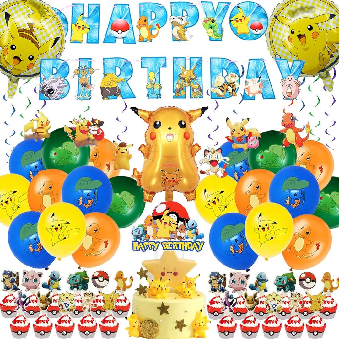 HTERDR 59Pcs Party Favors Decorations Including Birthday Banner, Balloons, Cake Topper, Cupcake Toppers, Hanging Swirls,,Cartoon Birthday Decorations for Boys and Girls.…