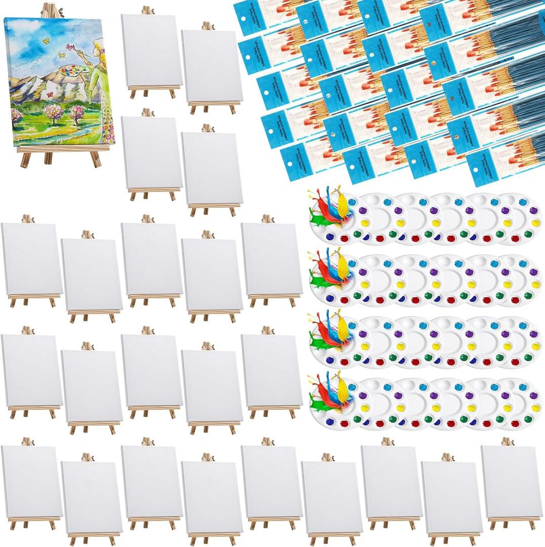 312 Pcs Canvas with Easel Set 8 x 10 Inch Canvas Boards with Wooden Easels, Paint Brushes Blank Panel Painting Kit for Adults Couples Painting Party Supplies Paint and Sip Date Night Kits