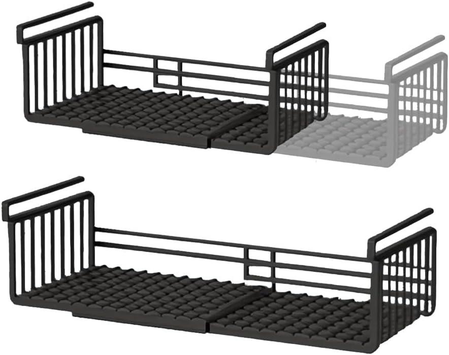 Extendable Under Shelf Storage Basket, Hanging Baskets Under Cabinet Shelf Organizer, for Cabinet Pantry Kitchen Cupboard Desk Counter Bookshelf Space Saver Heavy Duty Slide-in (Black, 2 Pack)