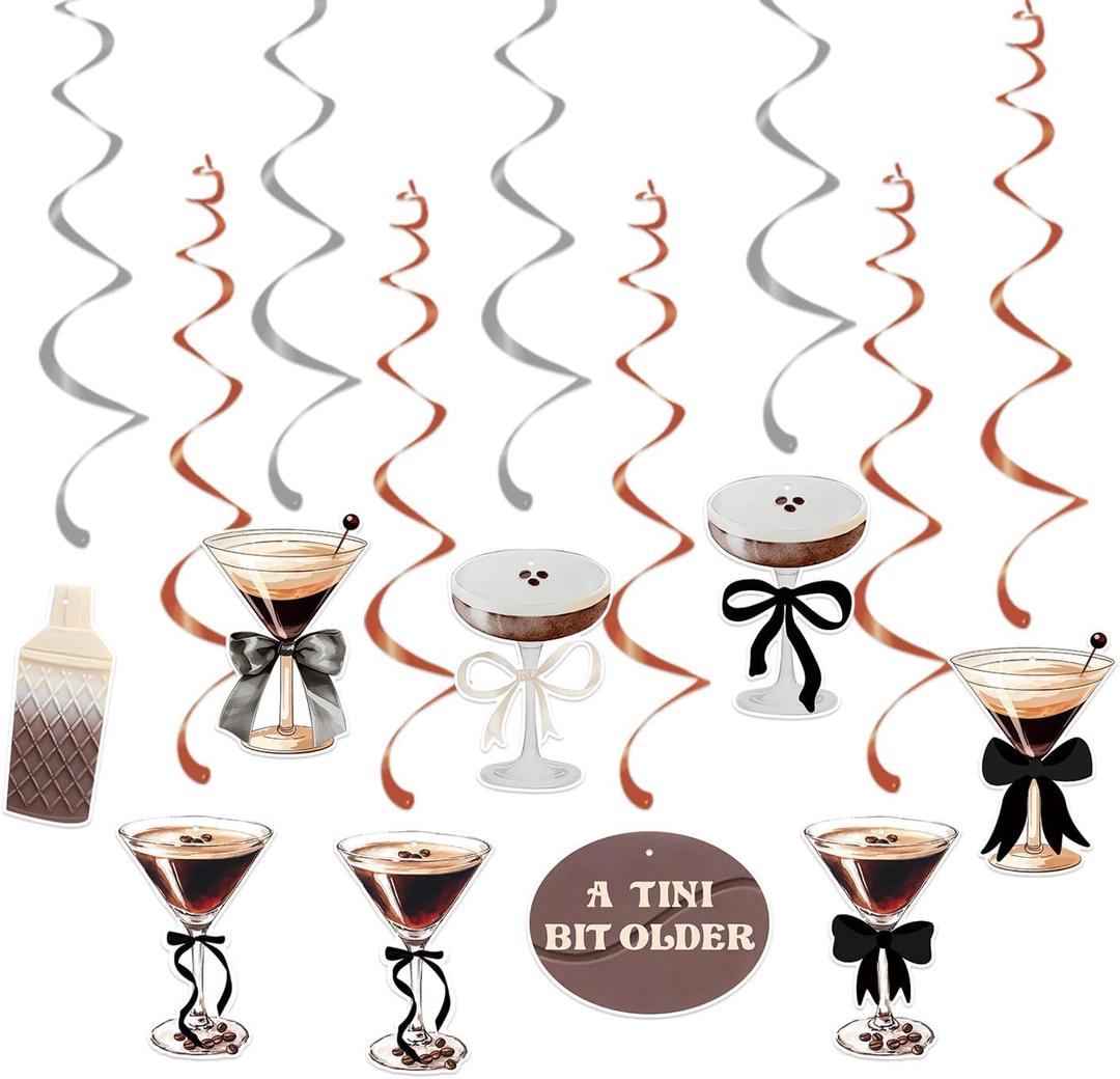 6 x Espresso Martini Party Decoration Set, A Tini Bit Older Birthday, Martini Bar Party with Hanging Swirls, Also Perfect for Weenies and Tinies Bikinis Themed Events, Bachelorette Cocktail Parties