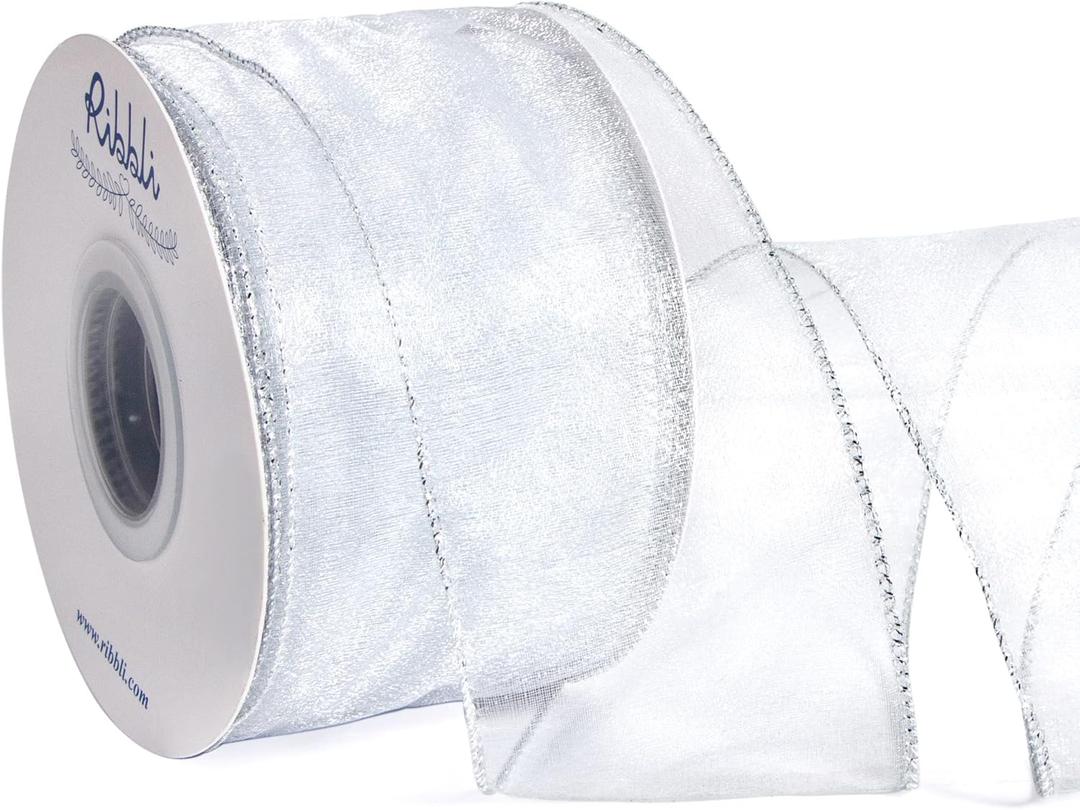 Ribbli White Organza Wired Ribbon, White Sheer with Silver Metallic Edge,2-1/2 Inch x 20 Yards Christmas Tree Ribbon for Decoration, Large Gift Wrapping,Wedding Decoration