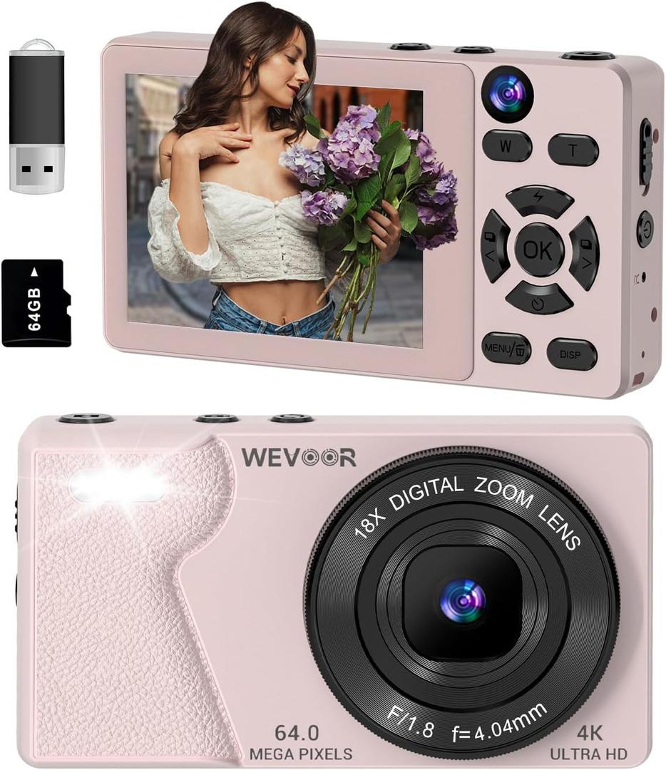 4K Digital Camera for Photography- 64MP Autofocus Vlogging Camera with Dual Lens, 18X Digital Zoom- Small Point and Shoot Camera with Card and 2000mAh for YouTube, Travel, Beginners (Pink)
