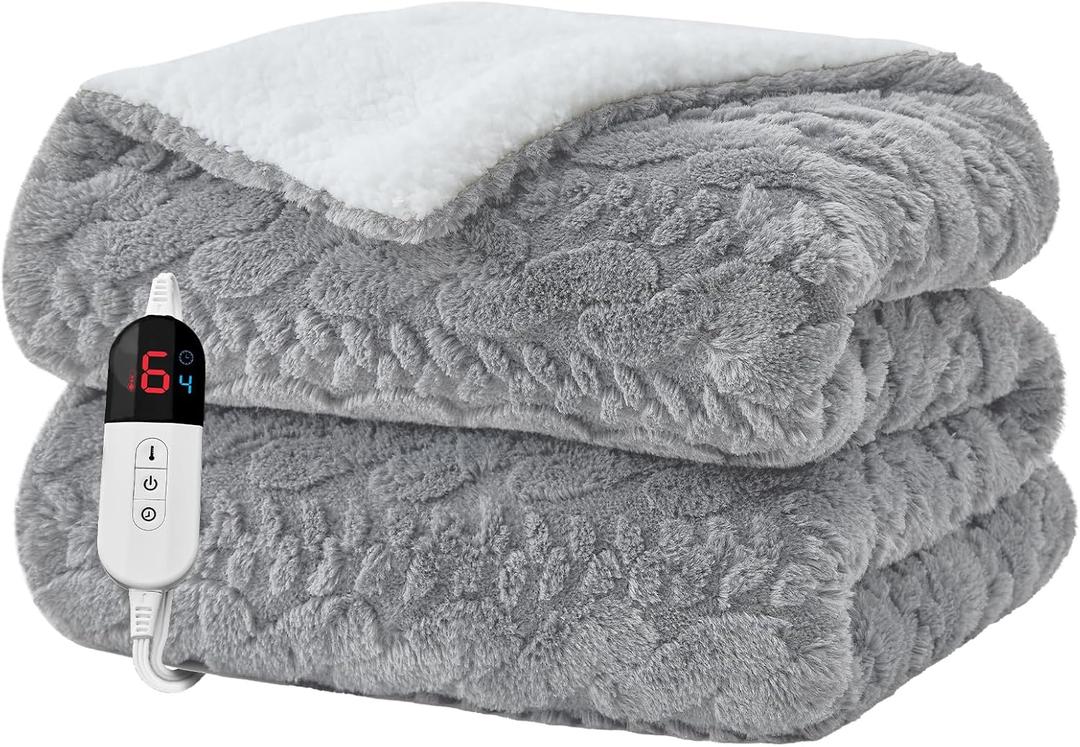 Electric Heated Blanket Full Size - Jacquard Shaggy Sherpa 72"x84" Fast Heating Bed Blankets with 6 Heating Levels & 10 Hours Auto Off, Over-Heated Protection ETL, Light Gray